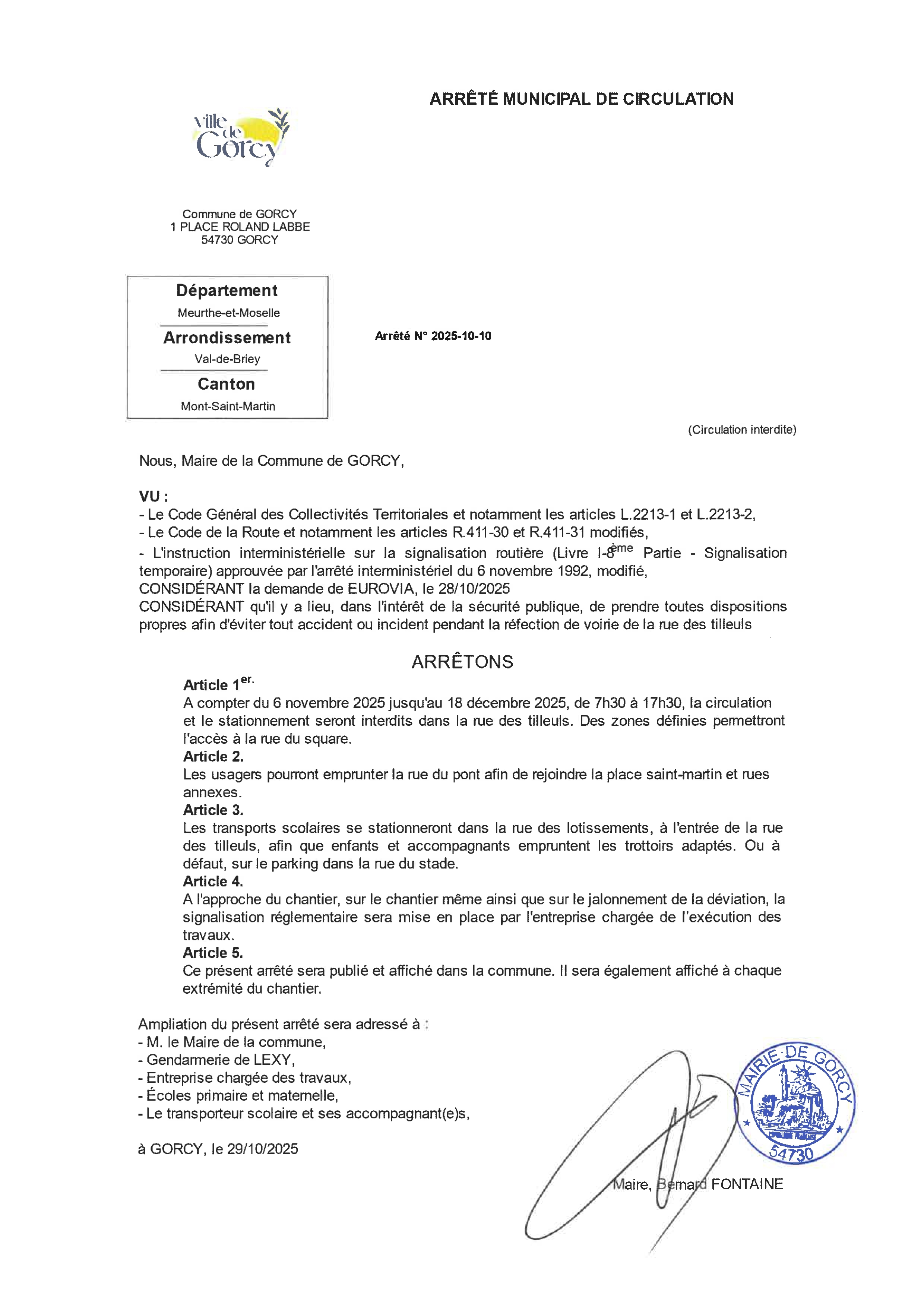 arrete rue des tilleuls