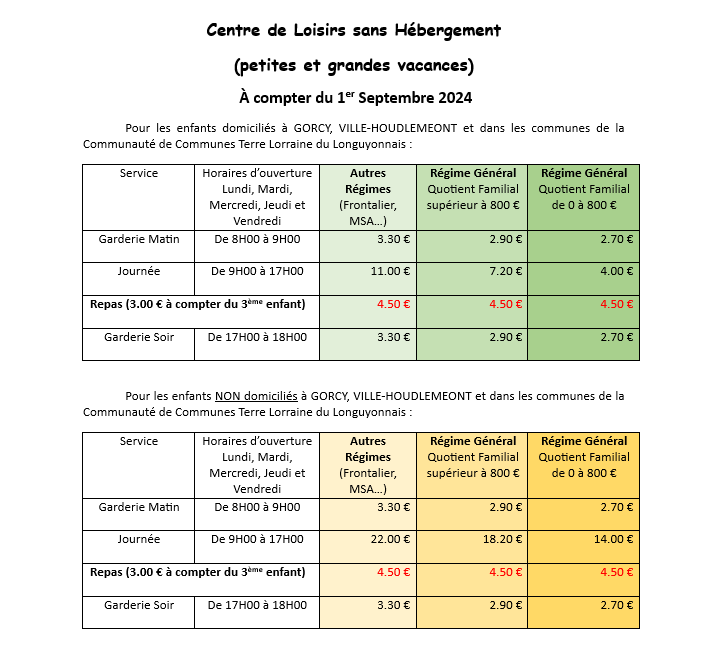 Tarifs centre de loisirs 2024