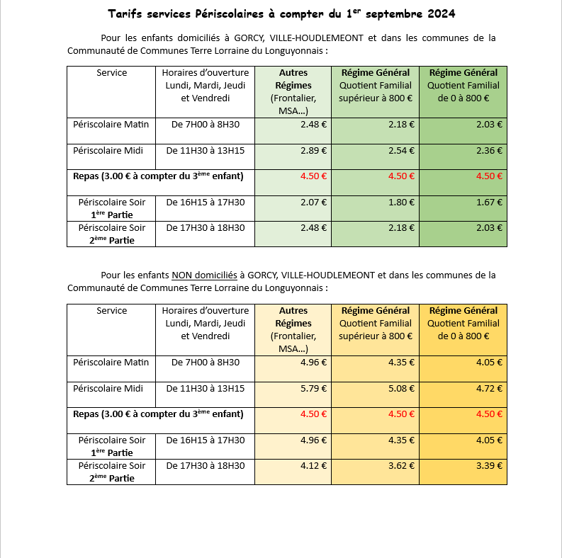 Tarifs périscolaire 2024