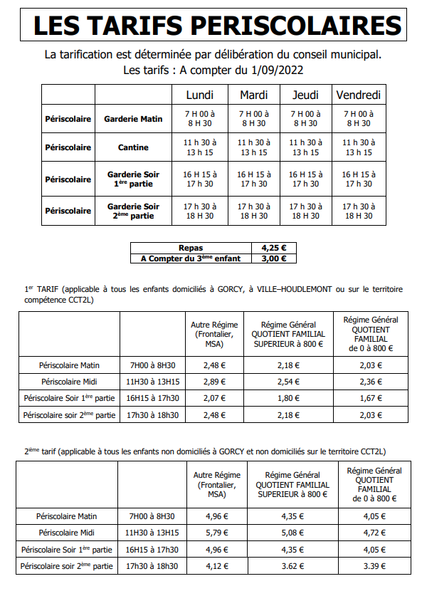 Tarifs periscolaire